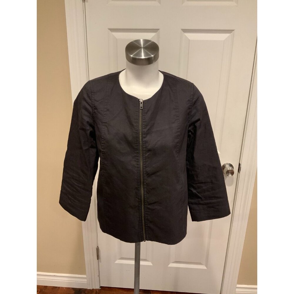 Eileen Fisher Black Collarless 3/4 Sleeve Zip-Up Jacket, Size XS